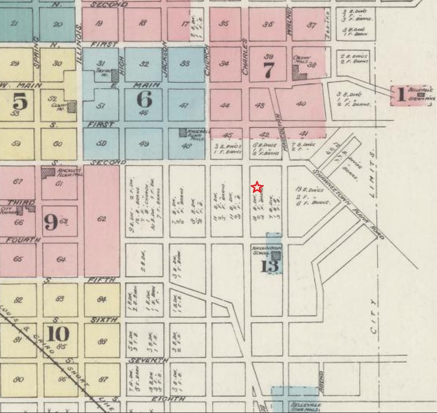 1884 Sanborn map. The red star marks Champion House’s location; no house outline is shown there.